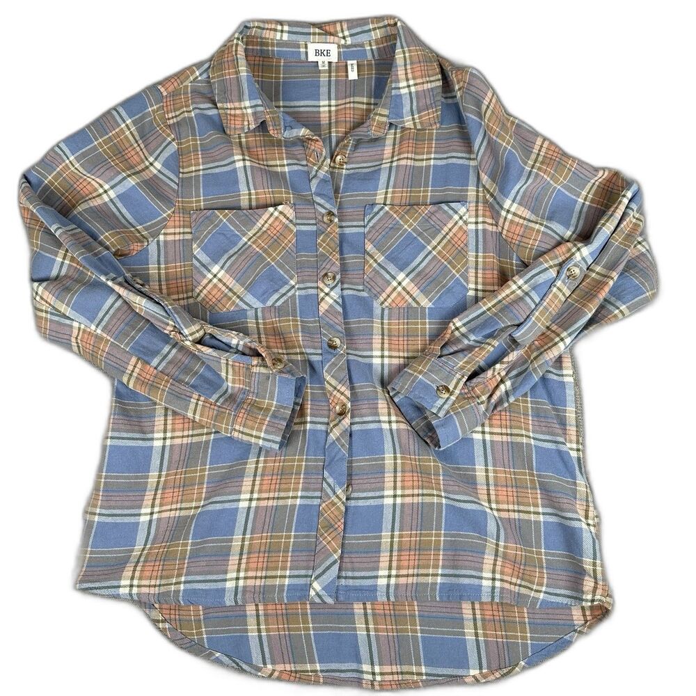 BKE Eased Womens Medium Plaid Flannel Cowgirl Rodeo Shirt Cozy Tan Blue Outdoors